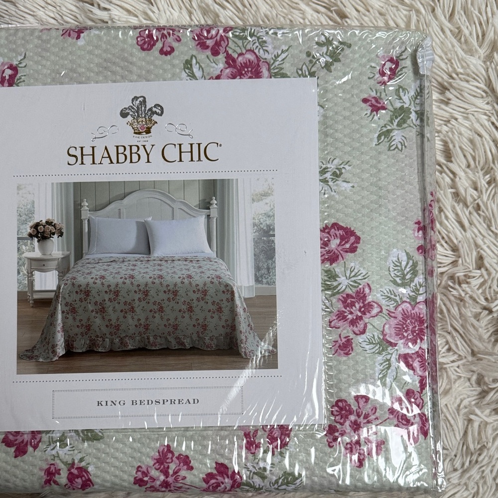 πHPπ Shabby Chic Rose Pattern King Bedspread π Green & Pink - Picture 9 of 12